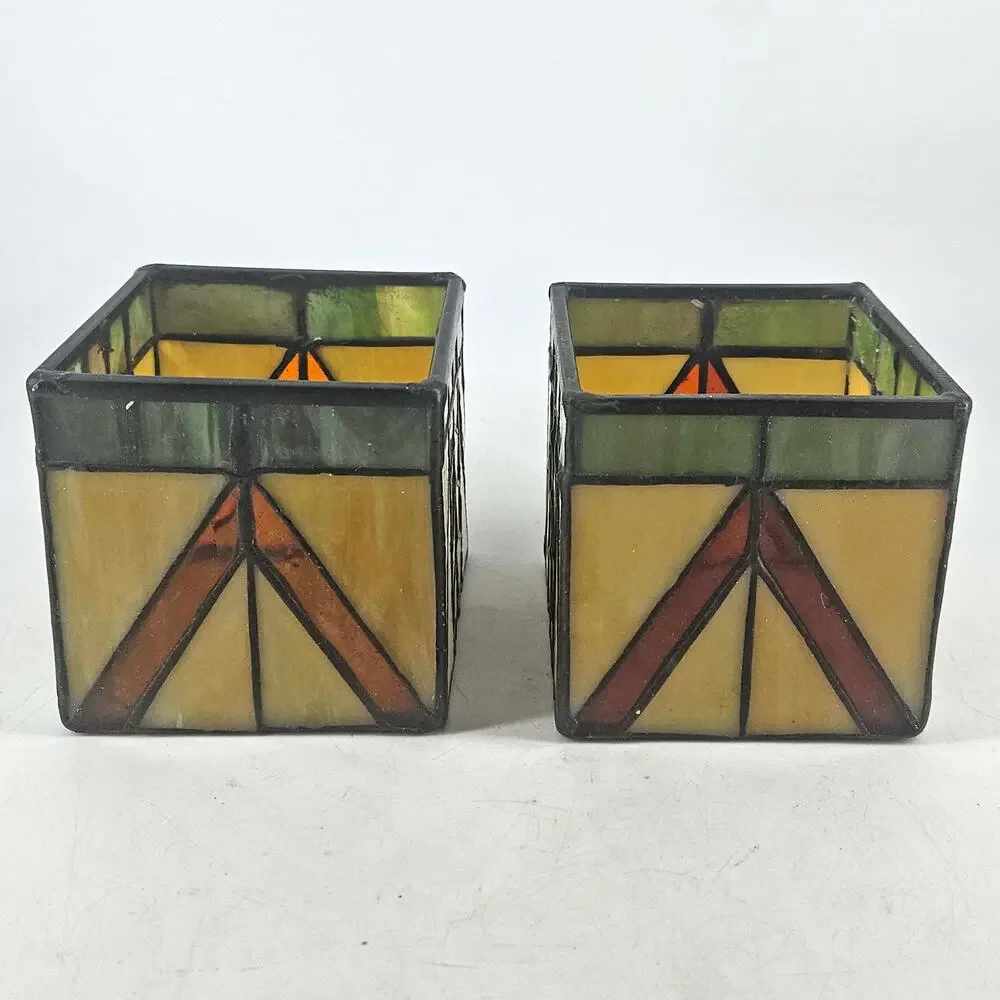 2 Vintage PartyLite Tiffany Style Art Deco Look Stained Glass Candle Holders